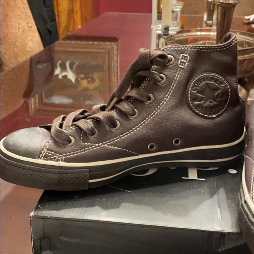 Leather Dark Brown Converse w white stitching